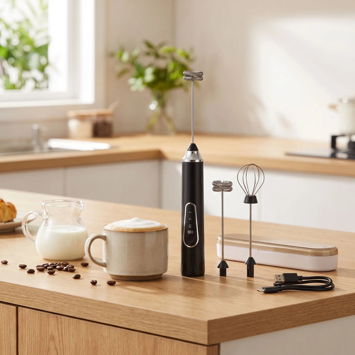 Mousseur a lait avec un cafe sur la table