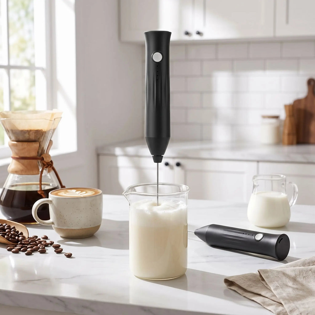 Mousseur a lait en train de preparer du cafe