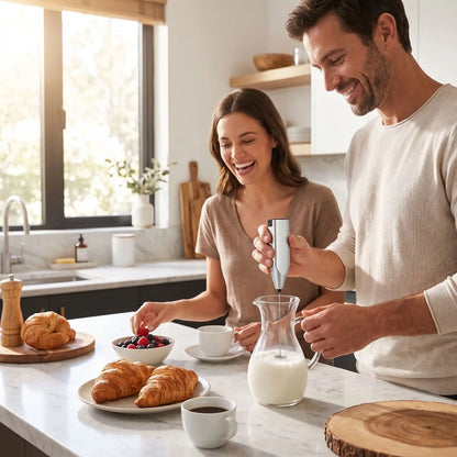Couple utilisant un mousseur à lait sur la table de cuisine