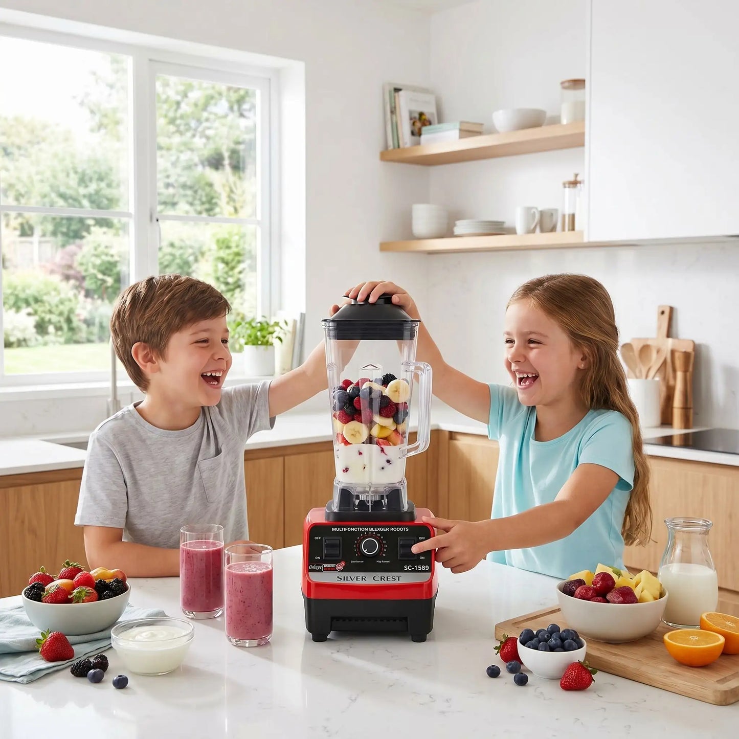 Deux enfants utilisant blender smoothie