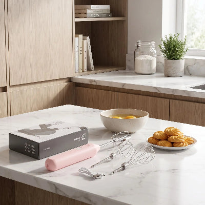 Fouet electrique avec quelques biscuits sur table