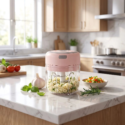 Mini hachoir electrique sur table cuisine avec ail
