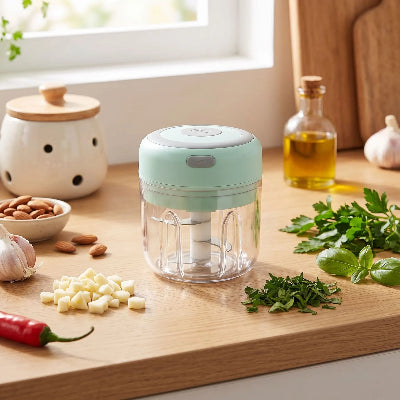 Mini hachoir electrique sur table cuisine avec legumes
