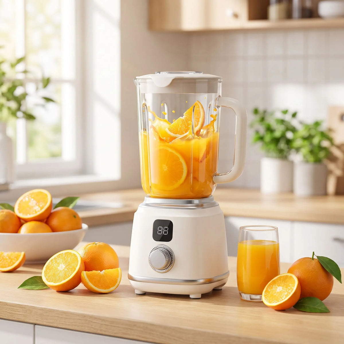Mixeur blender en train de mixer des oranges