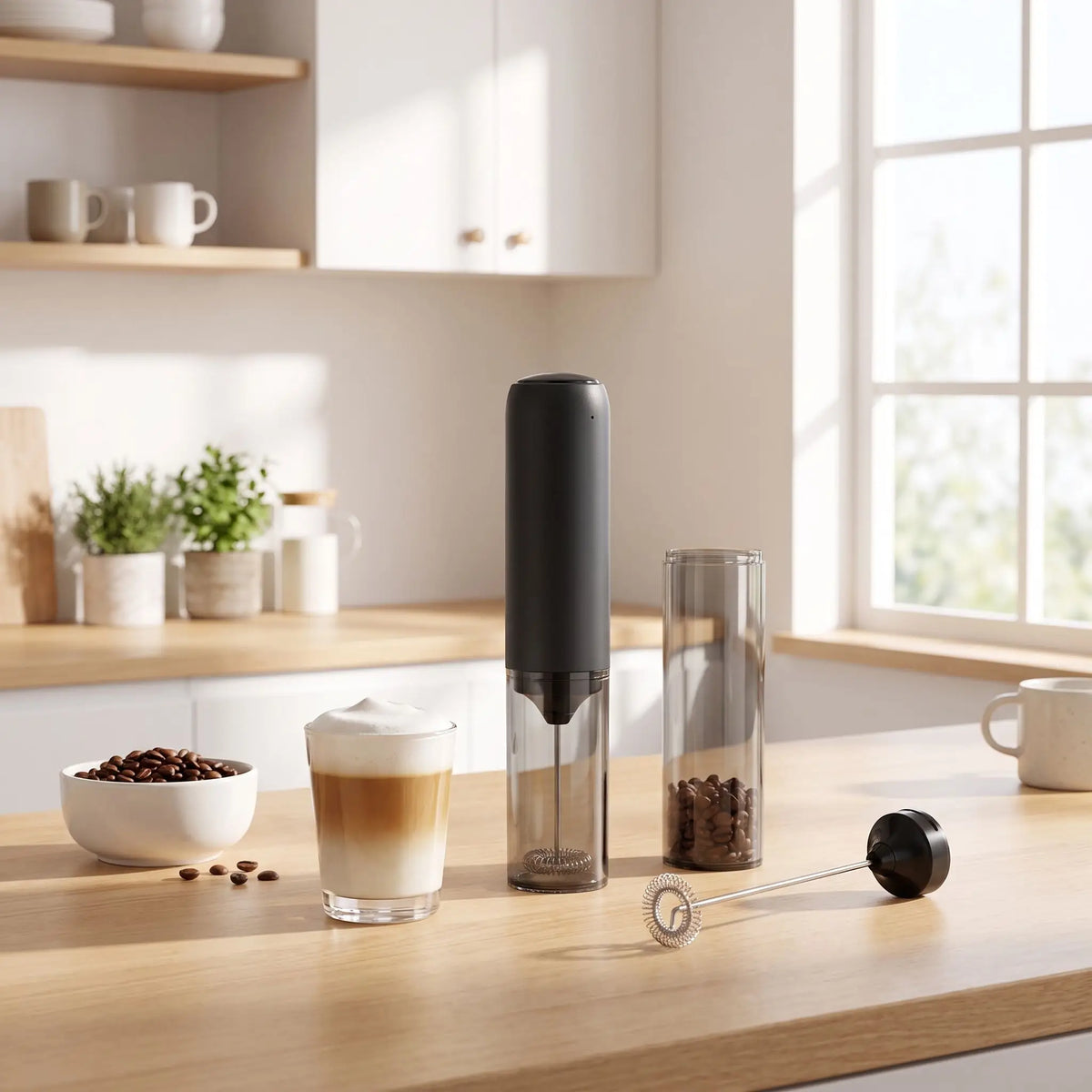 Mousseur à lait avec un peu de café sur la table