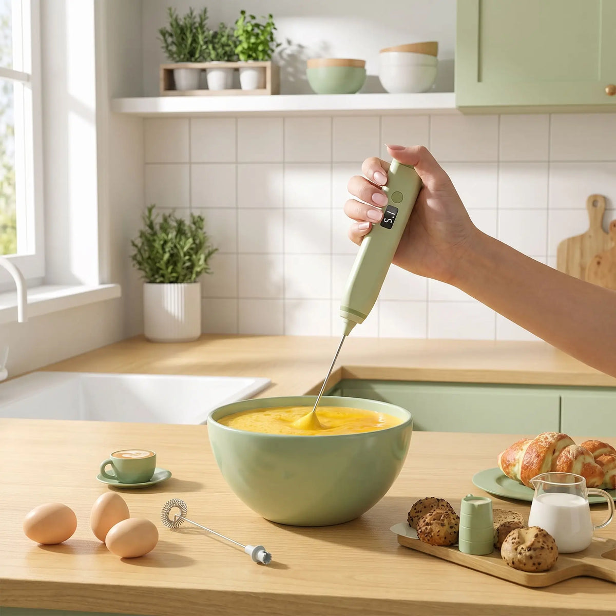 Mousseur a lait en train de melanger des oeufs