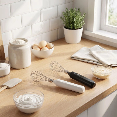 blanc et noir fouets electrique sur table de cuisine
