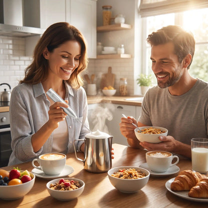 couple utilisant un mousseur a lait avec du cafe
