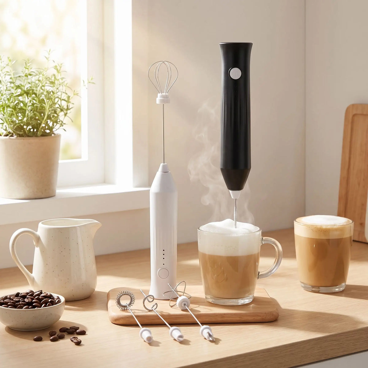 deux mousseurs a lait avec du cafe sur table