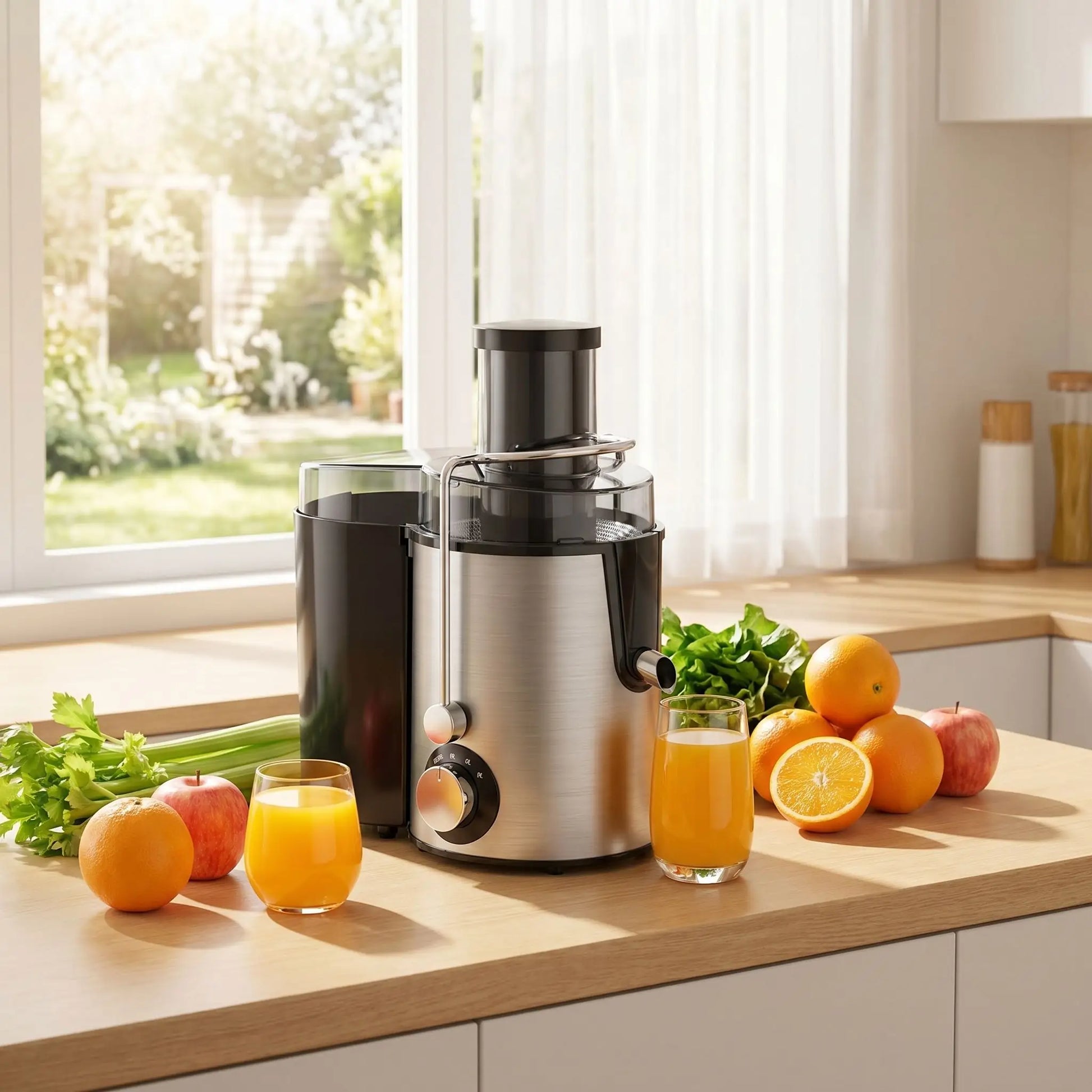 extracteur de jus avec fruits sur table