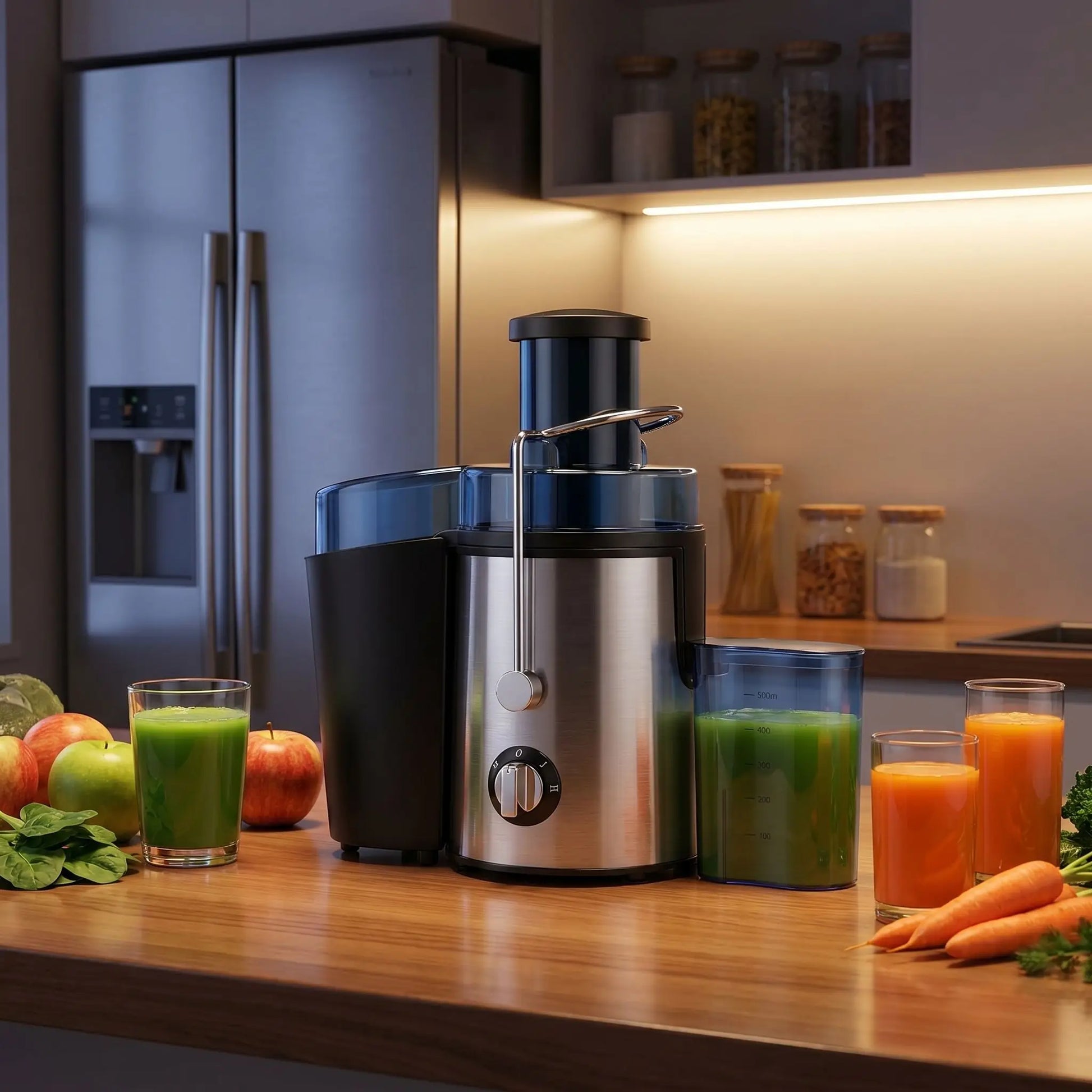 extracteur de jus devant frigo sur table