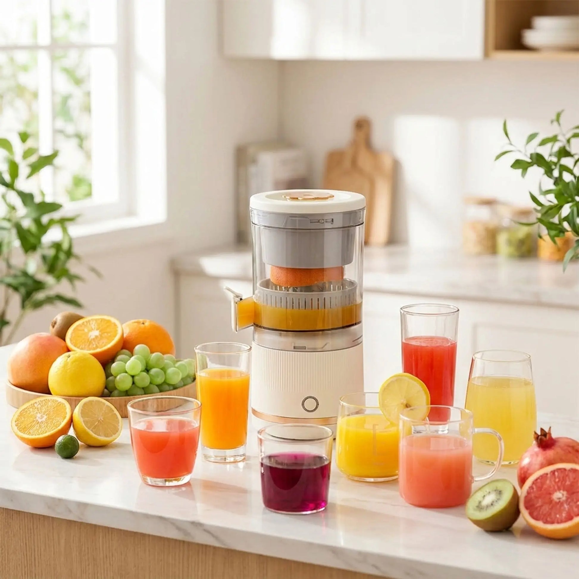 extracteur de jus sur table avec des verres de jus