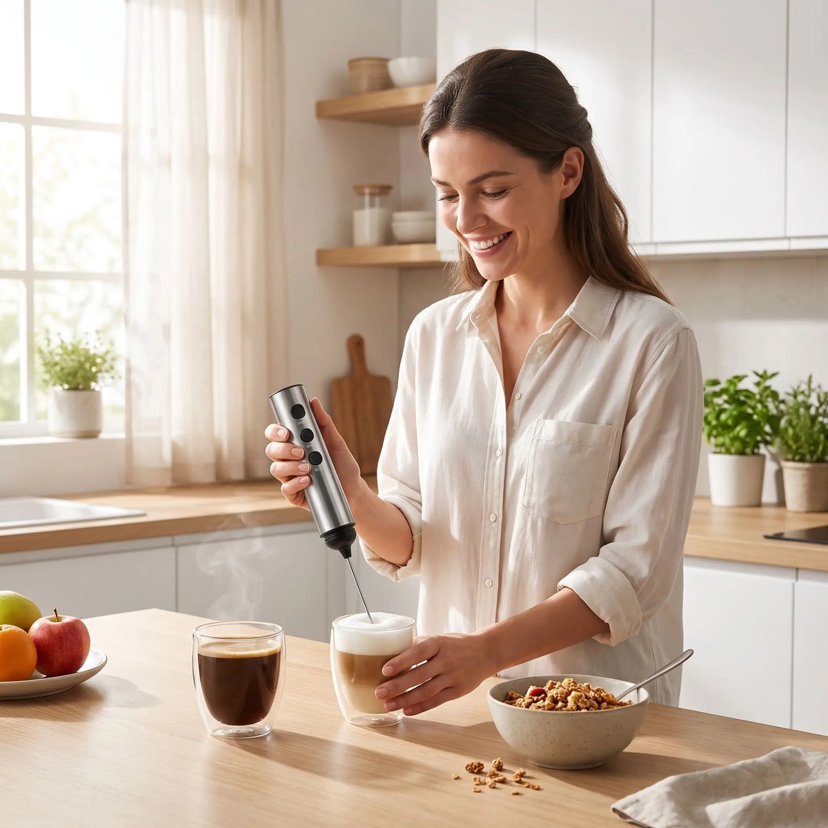 femme heureuse utilisant un mousseur à lait pour préparer le petit-déjeuner