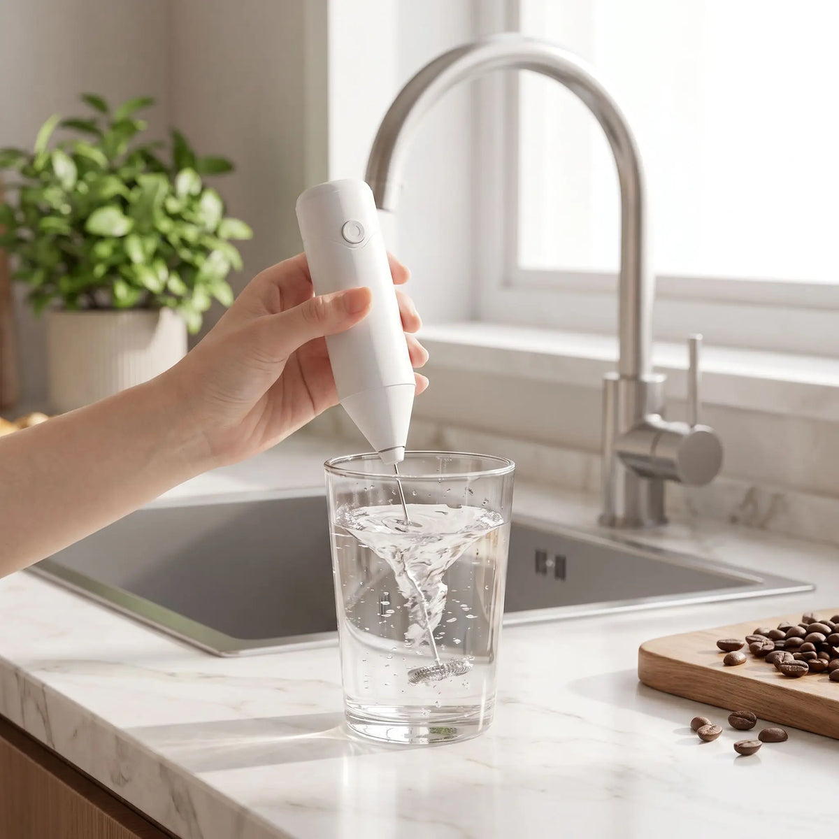 femme mélangeant de la mousse à lait pour le nettoyage dans un verre d'eau
