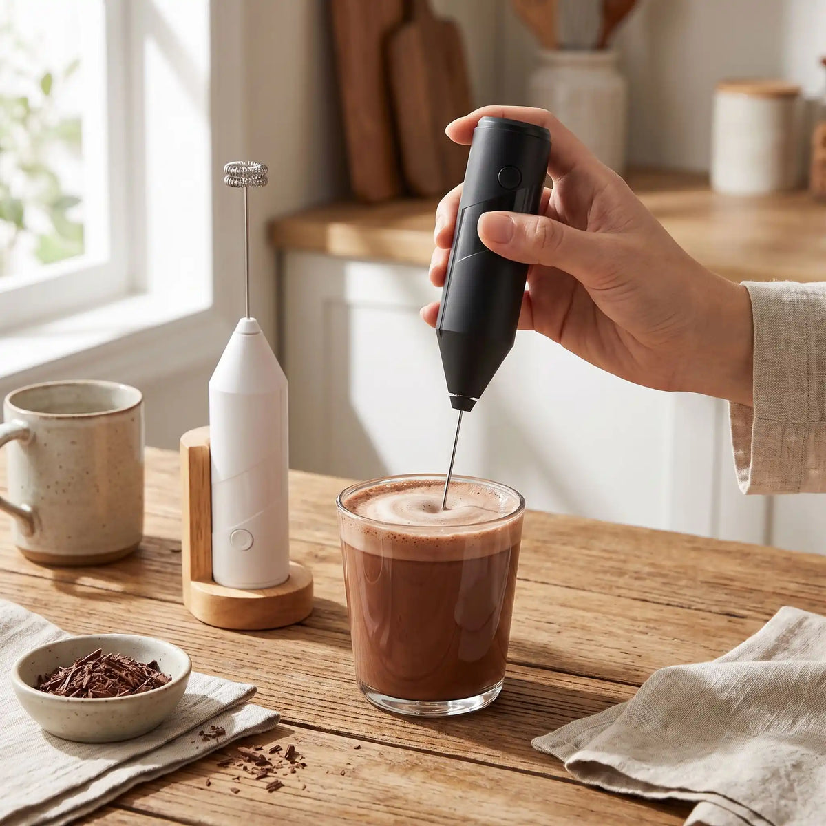 femme mélangeant du chocolat avec un mousseur à lait
