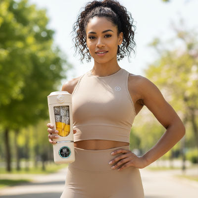 femme tenant blender smoothie