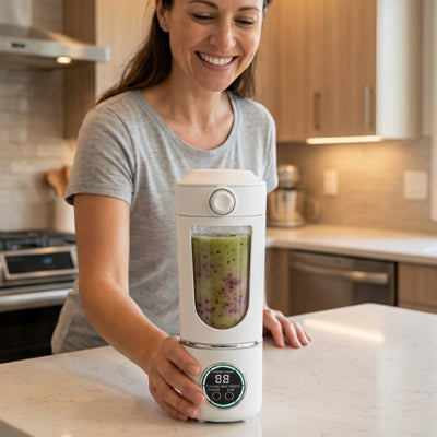 femme tenant un blender smoothie dans cuisine