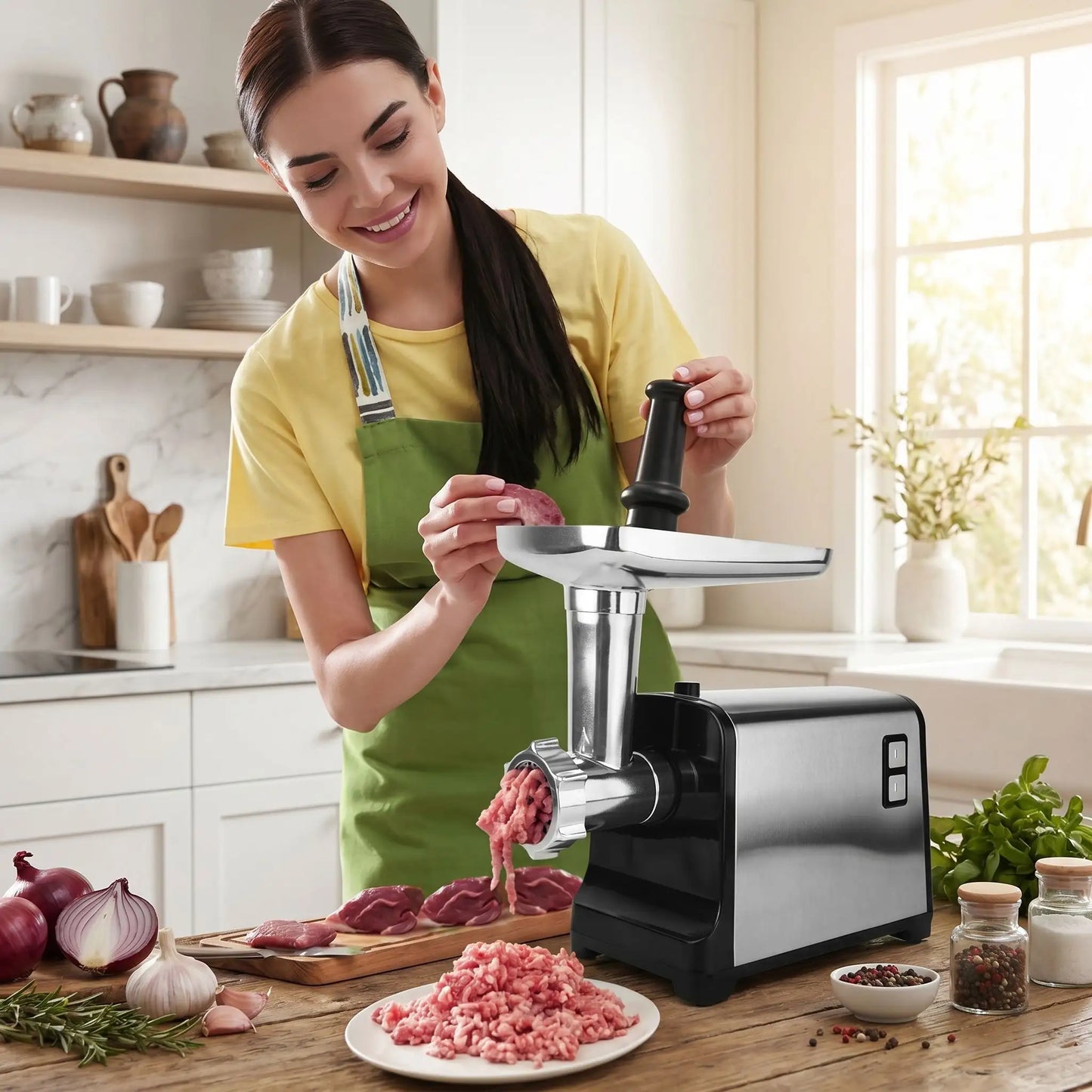 femme utilisant hachoir a viande electrique