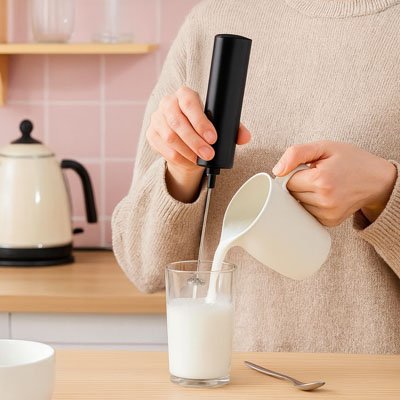 femme utilisant un mousseur à lait pour préparer le petit-déjeuner