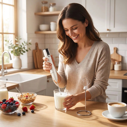 femme utilisant un mousseur à lait sur la table