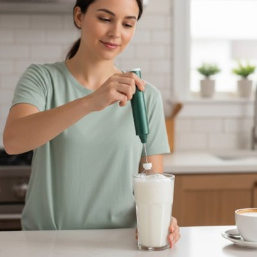 Femme utilisant un mousseur à lait