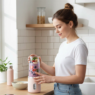 femme utilise mini mixeur sur table