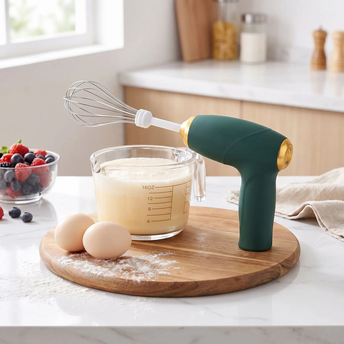 fouet électrique avec un verre de lait sur la table