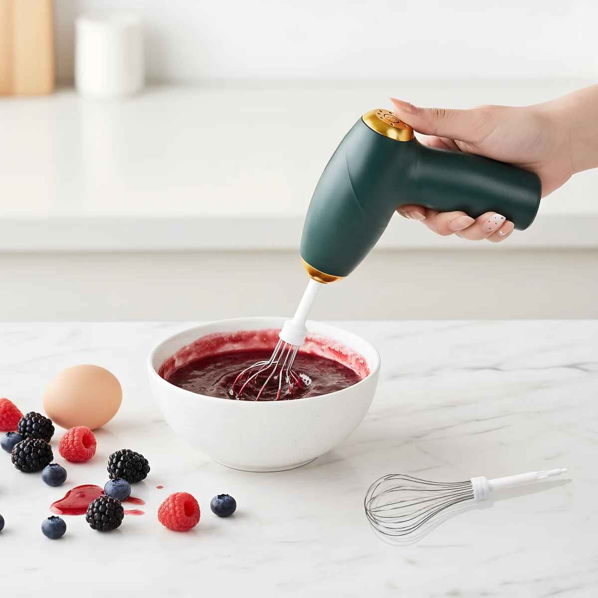 fouet électrique mélangeant quelques fruits dans un bol