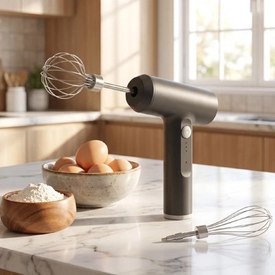 Fouet electrique noir sur la table de cuisine