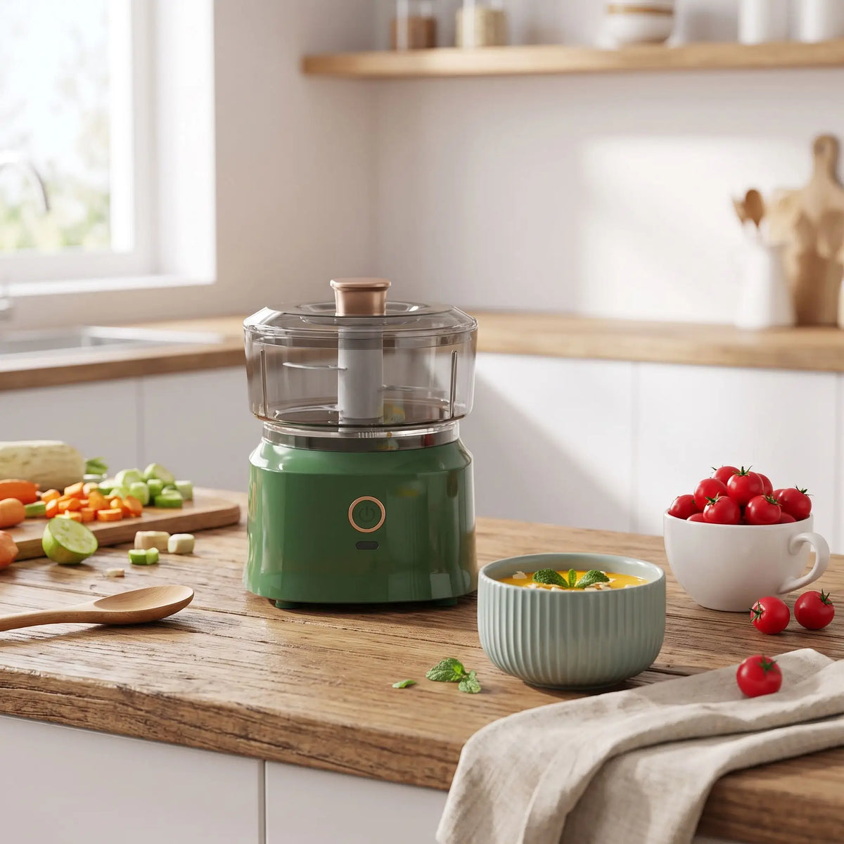 hachoir à viande avec un bol de soupe