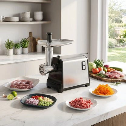 hachoir a viande electrique sur table avec assiettes de nourriture