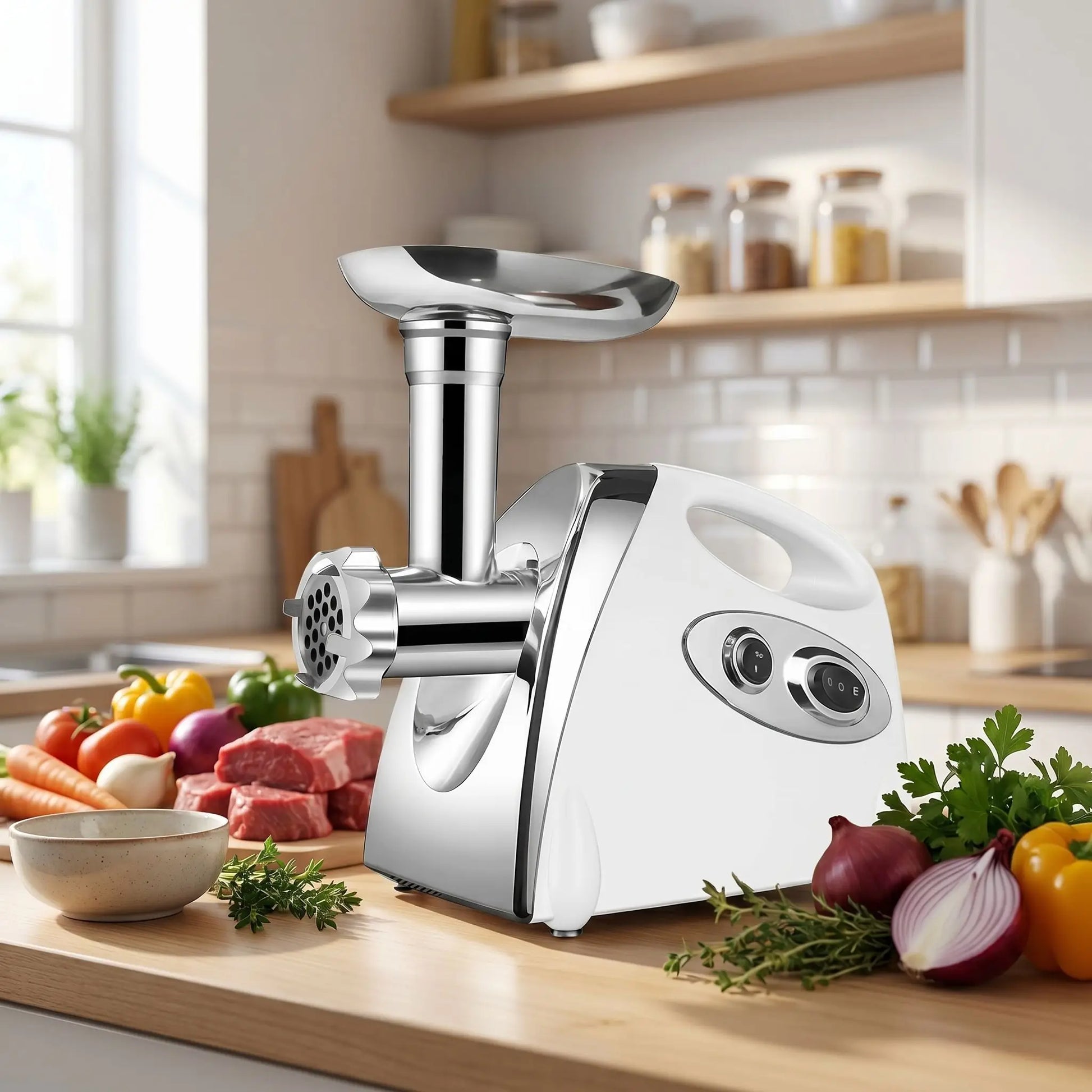 hachoir a viande electrique sur table avec legumes