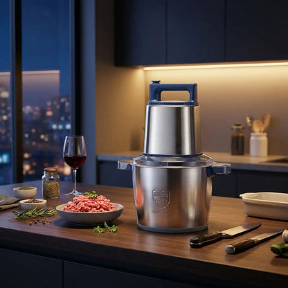 hachoir électrique avec du viande sur table de cuisine