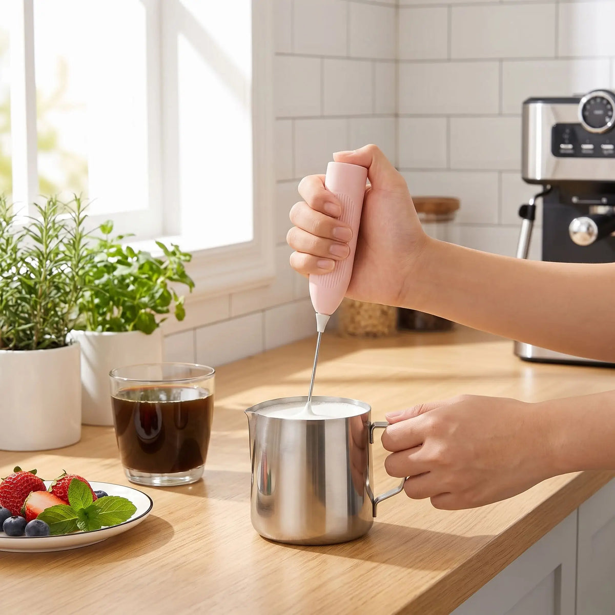 main tenant un mousseur à lait mélangeant du lait dans une tasse
