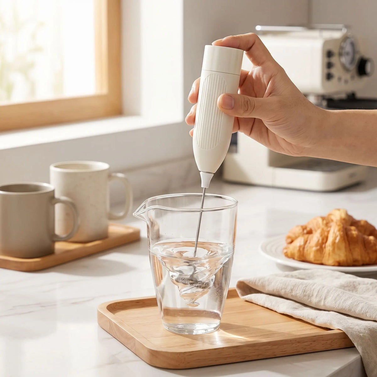 main tenant un mousseur à lait pour le nettoyer dans une tasse d'eau