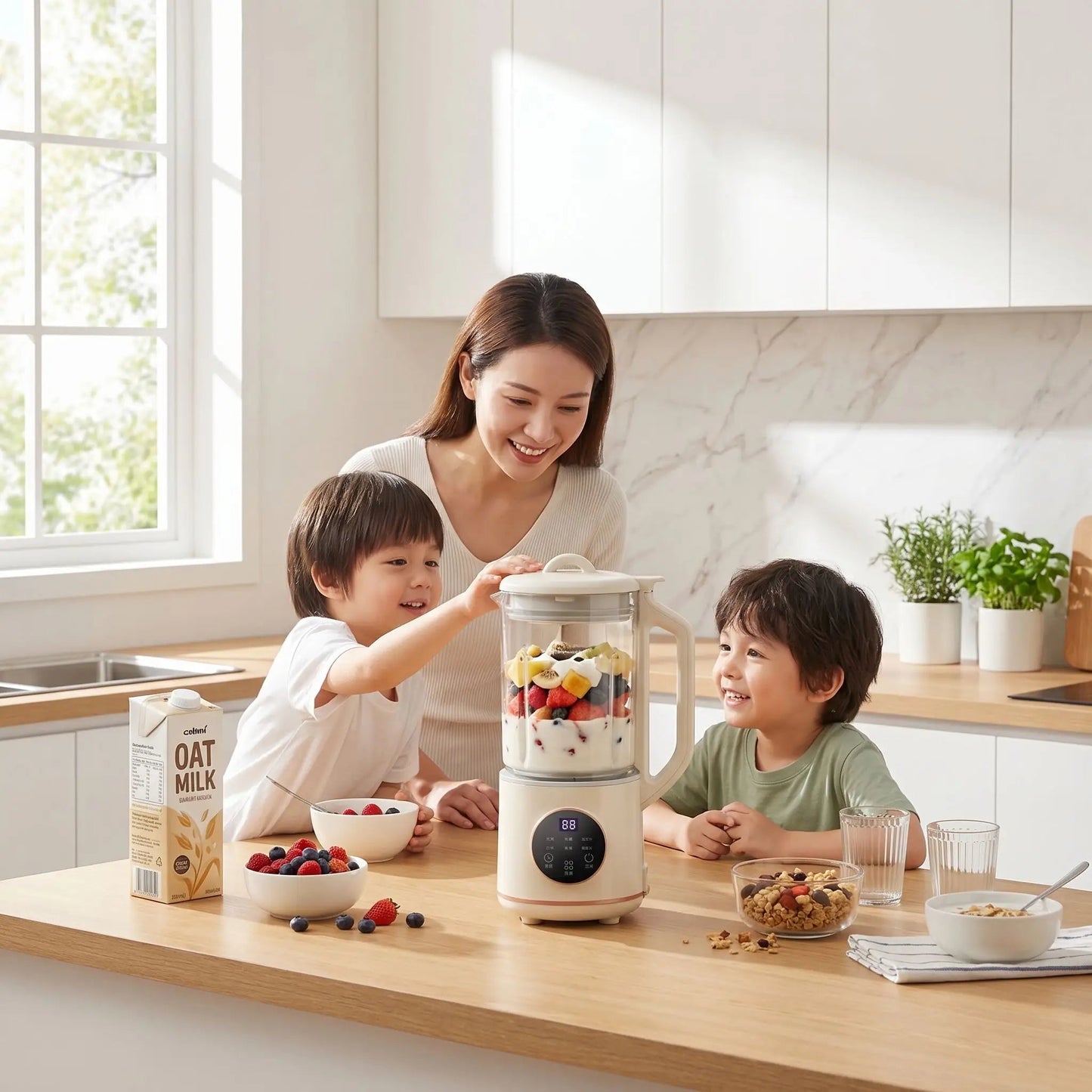 maman utilisant mixeur avec enfants