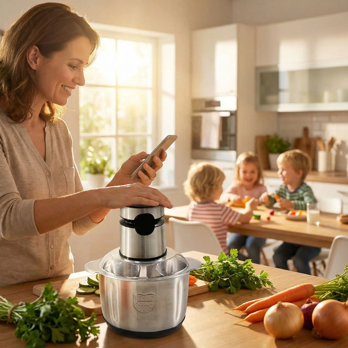maman utilise hachoir electrique pour preparer diner