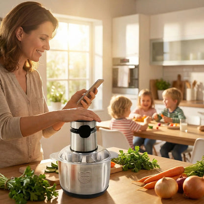 maman utilise hachoir electrique pour preparer diner