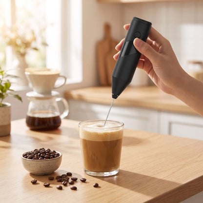 mélanger le café dans un verre en utilisant un mousseur à lait