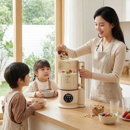 mere utilisant blender chauffant avec deux enfants