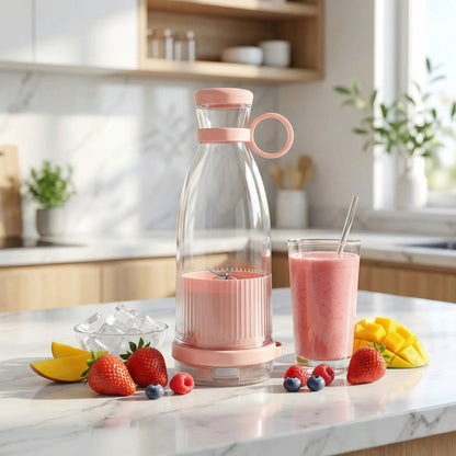 mixeur portable sur la table avec des fruits