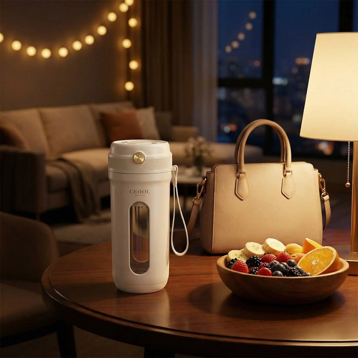mixeur portable sur la table avec un sac à main