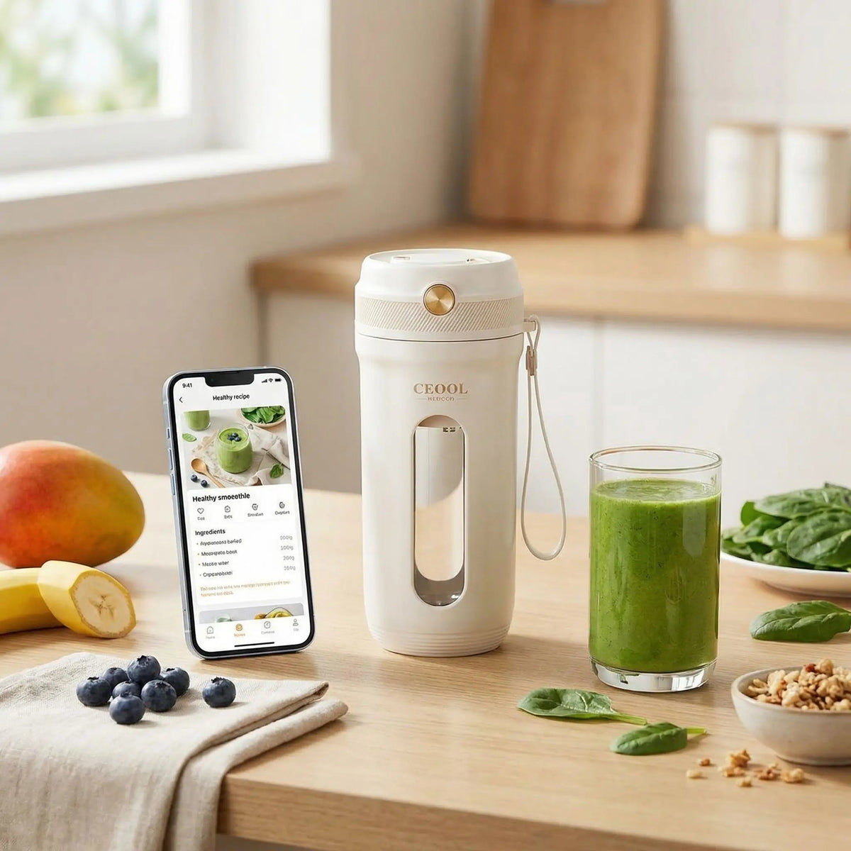 mixeur portable sur la table avec un téléphone et un verre