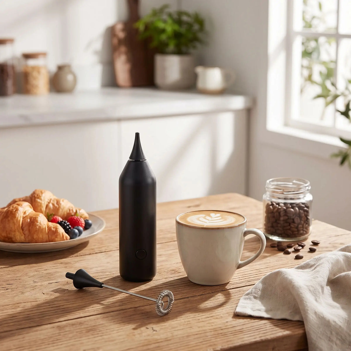 mousseur à lait avec un peu de café sur la table