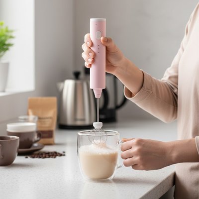 Mousseur à lait mélangeant du café dans un verre
