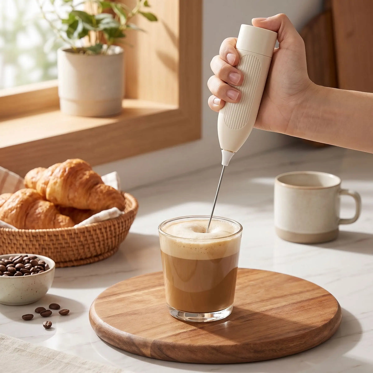 mousseur à lait mélangeant du café dans un verre