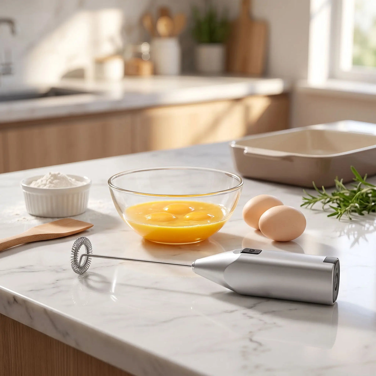 mousseur à lait sur la table de cuisine avec des œufs