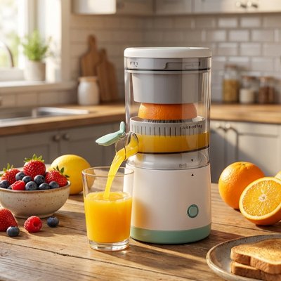 Presse agrume sur table de cuisine avec oranges