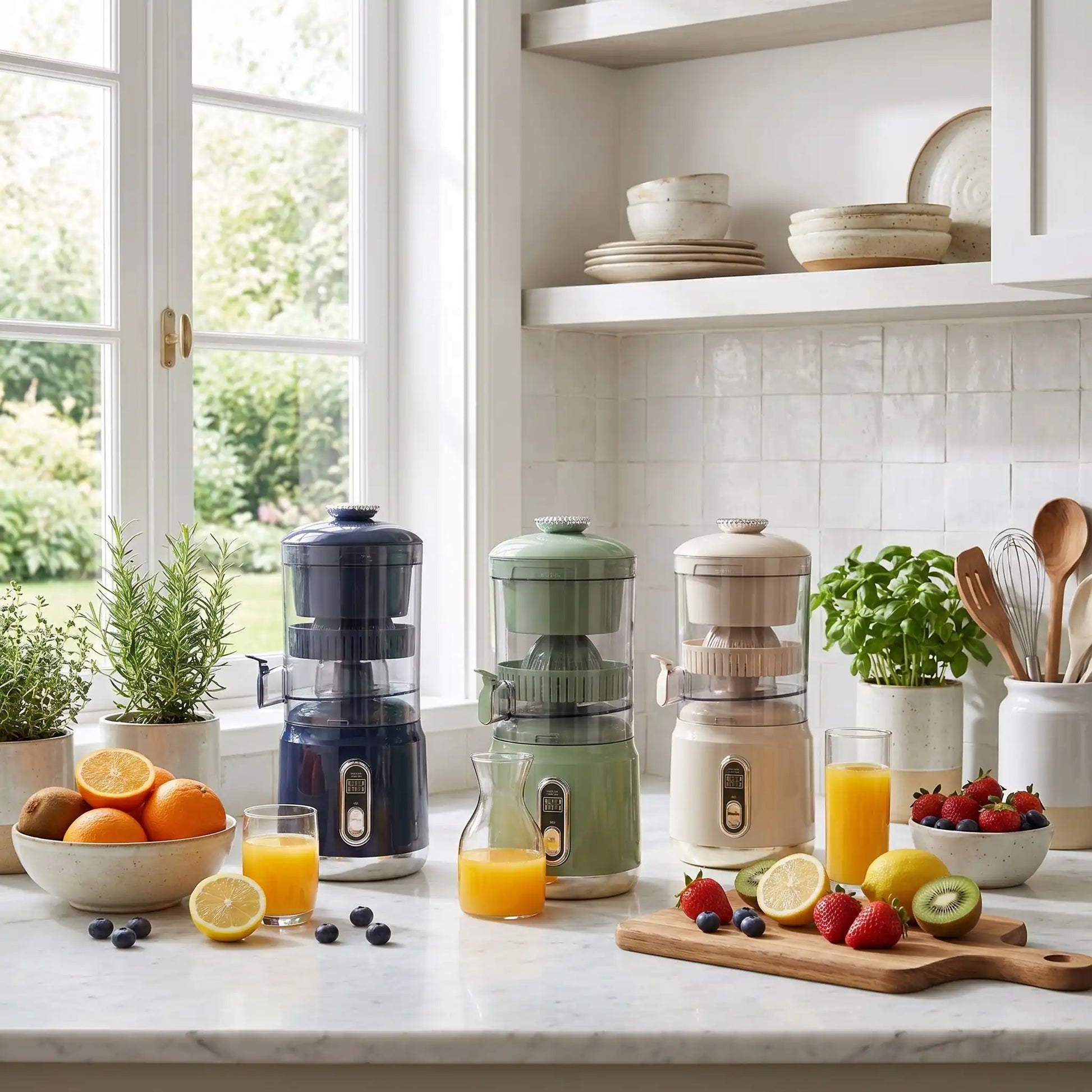 trois extracteurs de jus sur table